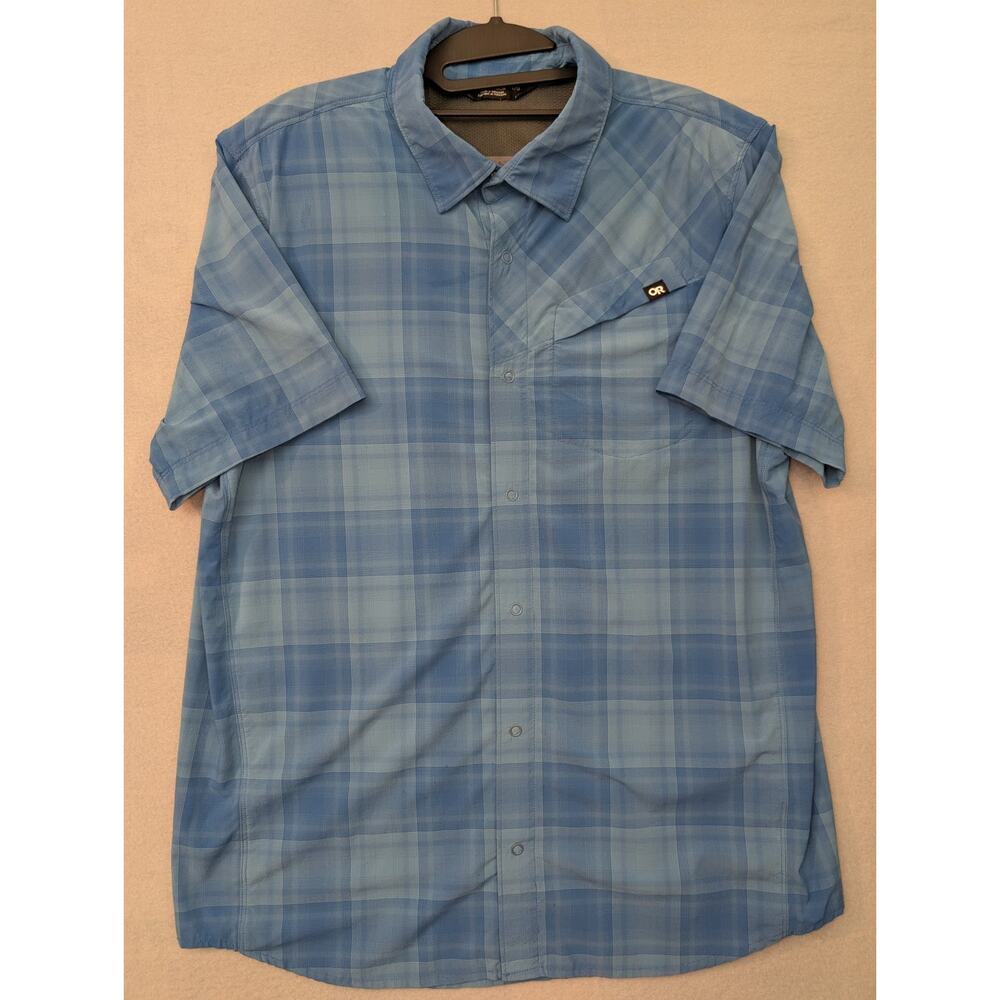 Outdoor Research Astroman Shirt Mens L Blue Plaid Long Sleeve Sun Hiking UPF